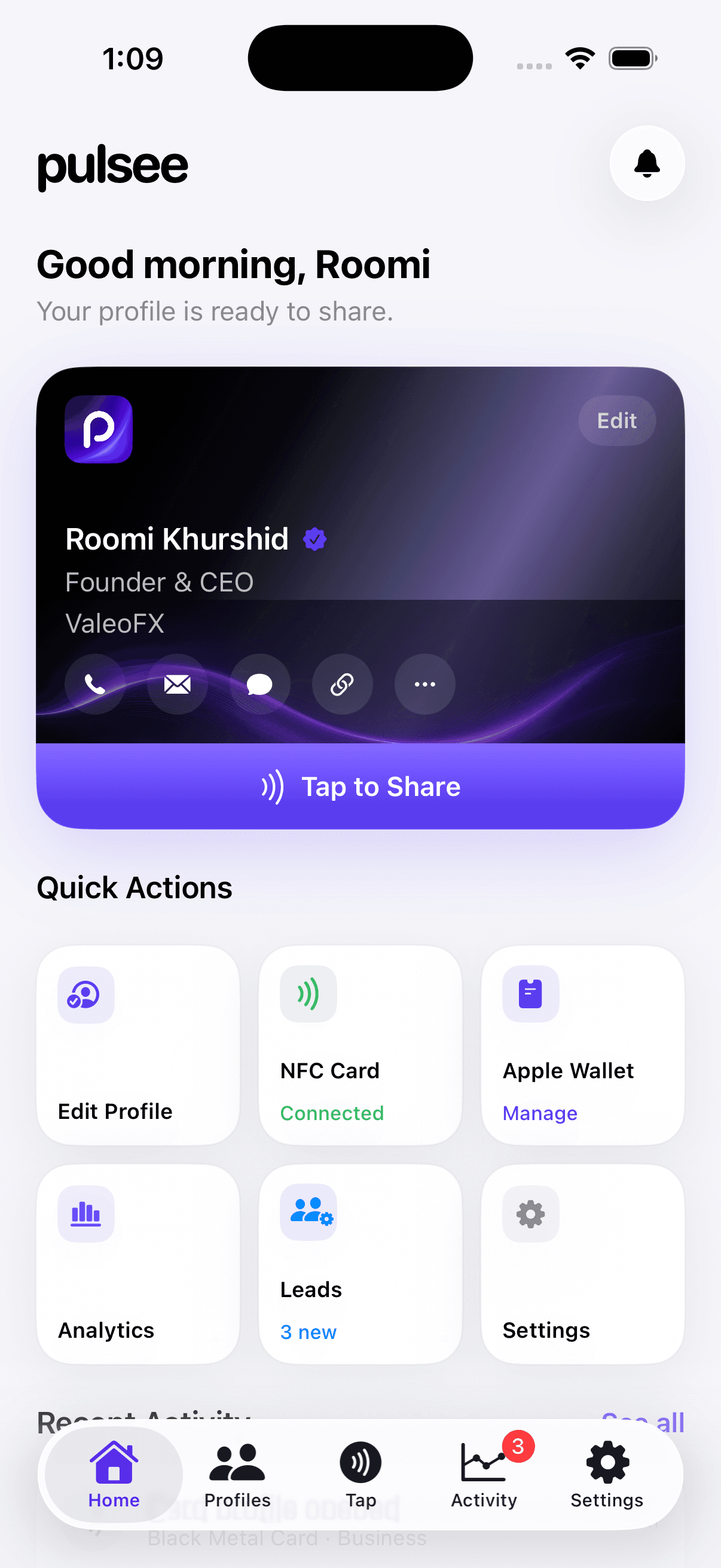 Pulsee app showing an active profile